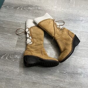 UGG Women Skylair Boot Size 7 Chestnut Tan Leather Wedge Heel White Knit Cuff